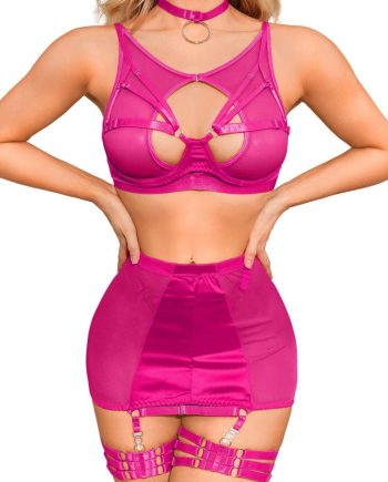 Garter Lingerie for Women, Strappy High Waisted Skirt G String 4 Piece Sexy Exotic Lingerie Outfits Set Boudoir