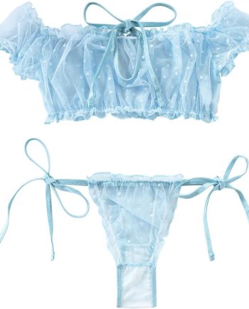 Sexy Stretch Ruffle Tie Sheer Mesh Lingerie Set Outfits