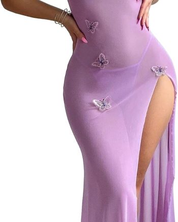 Sexy Butterfly Split Leg  Sheer Mesh Maxi Lingerie Dress with Thong 2 Piece Set