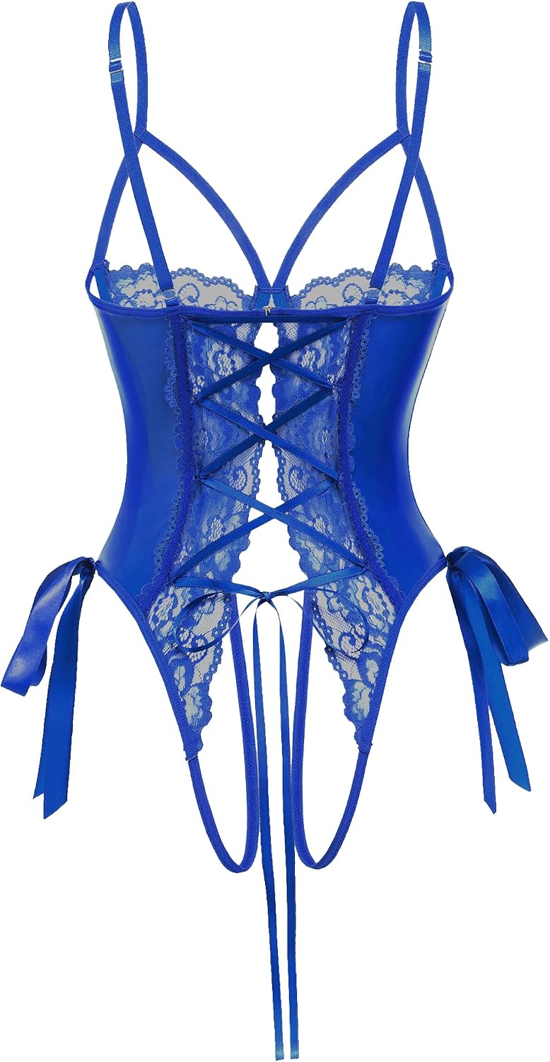 Sexy Lingerie for Women One Piece Lingerie Cutout Bodysuits Mini Lace Leather Body Suit Lace-Up Back