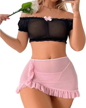 Sexy Lingerie Set for Women Sheer Mesh Off Shoulder Bra Panty Ruffle Skirts 3 Piece Sets