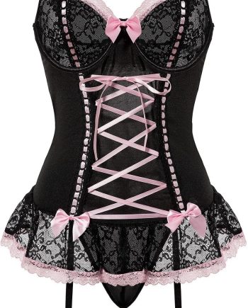 Sexy Rave Mesh Corset Ruffle Lace Up  Sheer Garter Belt  Lingerie Set With Thong 3 Piece Women