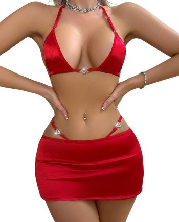Sexy Lingerie for Women Naughty 3 Piece Satin Halter Bralette,Mini Skirt with G-String Panty Lingerie Sets