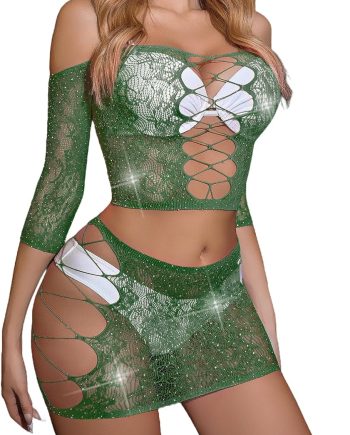 Womens Lingerie Set Fishnet  Sexy Mesh Chemise Rhinestone Fishnet Lingerie
